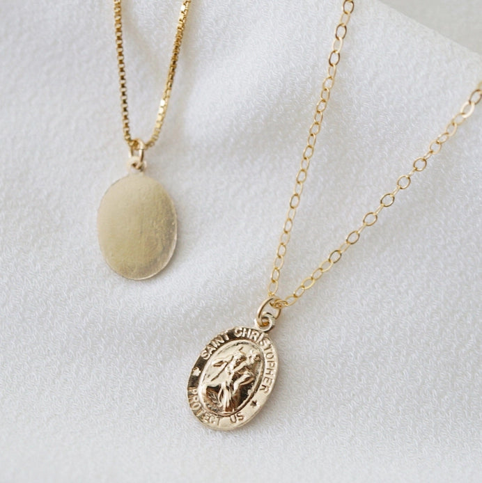 Mini St. Christopher Necklace (22") - Patron St. of Travelers - 14K Gold Filled